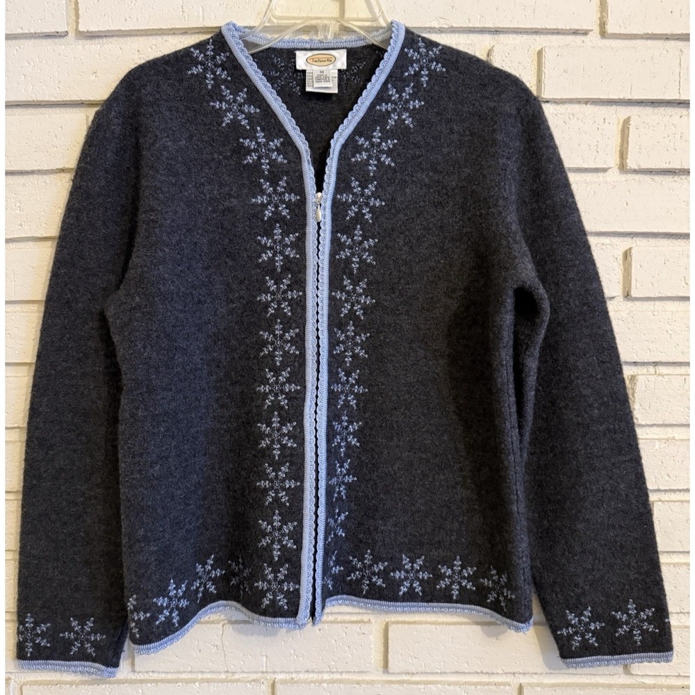 Talbots 100% Wool Zip up Snowflake Sweater Size Medium Gray w/Crochet Blue Trim‎